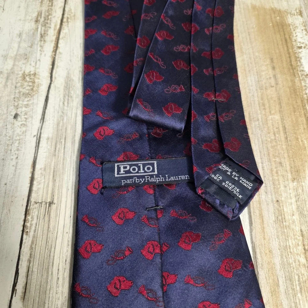 Polo Ralph Lauren Silk Tie Navy Blue Red Dog Hunting Horn Equestrian Woven Mens